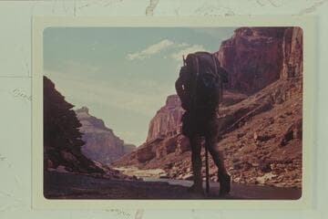 Upriver to Awatubi (?) Crest from near the mouth of the Little Colorado River. Colin Fletcher appears in the photo