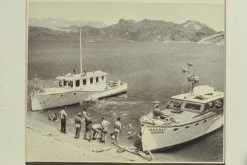 Stop for lunch at Sandy Point, Lake Mead, after completion of 1948 run by Nevills party