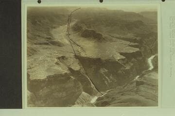 Air view across Lava Falls and up Prospect Canyon. The fault lines have been drawn by Maxson
