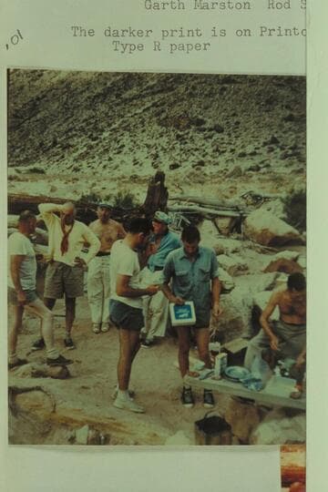 The crew of the 1956 Grand Canyon motor cruise. At camp above Soap Creek Rapid