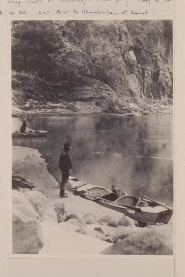 Nathan Galloway and his boat at the mouth of Bright Angel Creek- Galloway-Stone voyage of 1909
