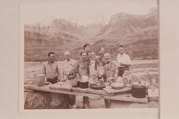 The men of the Nevills party in Grand Canyon- Lees Ferry to Bright Angel Creek.  L to R:  Frost, Henderson, Nevills, Garth Marston, Milotte, Marston and Farquhar.  At the foot of the Tanner Trail