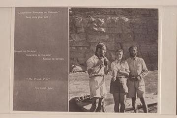 French trio near end of trip. The trio traveled in kayaks from Green River to Lees Ferry. Copied from album sent to friends in the United States