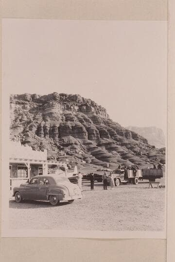 Art Greene's Cliff Dwellers Lodge on the highway west of the bridge across Marble Canyon.  The Navajo Indians are on their way to Kanab to participate in a Western movie film