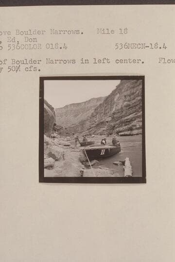 18-ft. boats about Boulder Narrows.  Mile 18.  Claude, Bill, Ed, Don.  The boulder of Boulder Narrows in left center.  Flow is approximately 50,000 cfs