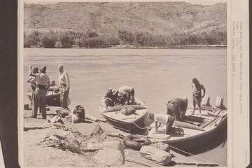 Crew preparing for departure from Lees Ferry: Sanderson; Taylor; Desloge; Visbak; Cutler; Jim Jordan; Belknap; Buzz Belknap
