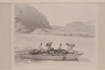 The "Esmeralda" starting on test run up into Glen Canyon. Left to right: Taylor; Mrs. Hudson; Mrs. Robinson; Ed Hudson; and Bestor Robinson