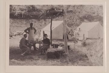 Dining at Rusts Camp on Bright Angel Creek. Copy of print owned by Israel Chamberlain, Kanab, Utah