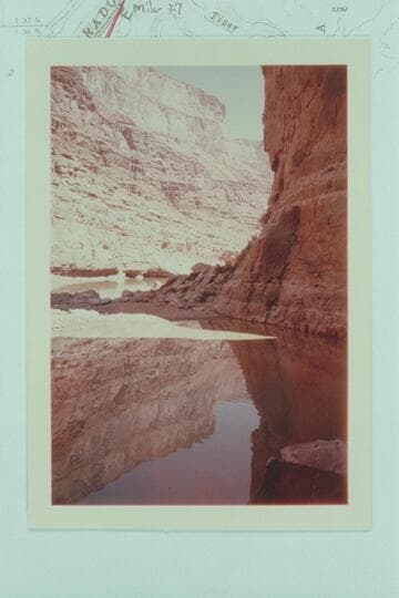 Upriver across plunge pool at mouth of Tiger Wash. Boulder fan at 27 Mile Rapid. Mile 26.7