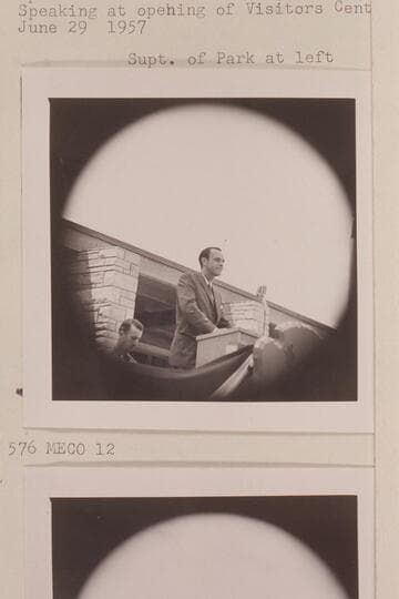 Marcase de Alcantara del Cuervo, Spanish Consul from Los Angeles, speaking at opening of Visitors Center, Grand Canyon. Supt. of Park at left