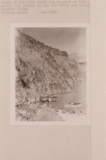 Boats of the 1951 motor run beached at Mile 94 to permit the repair to the "BOO" which was damaged in Granite Falls