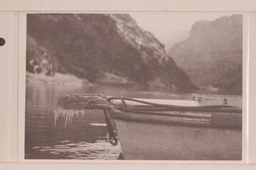 Icicles. Looking upstream from head of Hermit Falls Rapid; Pathe-Bray party
