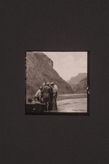 Motor repairs above Hermit Rapids; Don Harris, Bill Belknap, Claude Nichols, Rod Sanderson and John Riffey