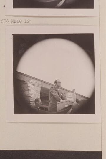 Marcase de Alcantara del Cuervo, Spanish Consul from Los Angeles, speaking at opening of Visitors Center, Grand Canyon. Supt. of Park at left