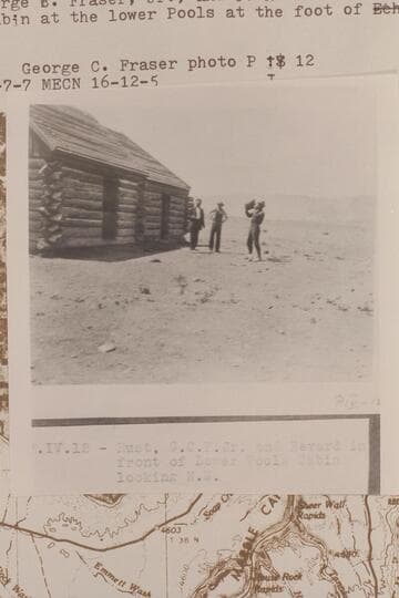 Dave Rust, George B. Fraser, Jr., and J. R. Bevard in front of the cabin at the lower pools at the foot of Vermillion Cliffs