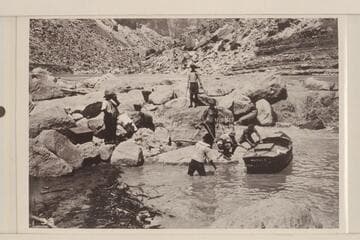 Portage at Soap Creek Rapid--USGS--Boats were lined and portaged over head of Soap Creek Rapids.  Lint album. 3 1/4x5 1/2 print