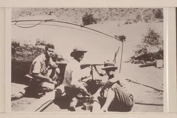 Overhauling the "Dellenbaugh" at Lees Ferry; Carey, Galloway, Seager. Eddy photo copied from Carey collection