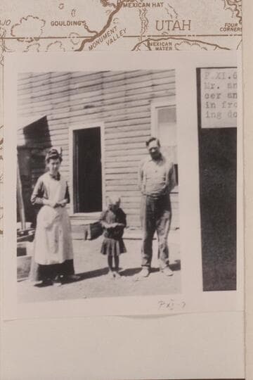 Mr. and Mrs. Arthur H. Spencer with daughter, Helen, 5 years old. In front of Store at Mexican Hat--Goodridge