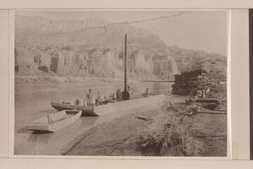 Williams-Cahn placer outfit at mouth of Copper Canyon on the San Juan River. Jonathan P. Williams at left. King Henley and Charley Baston at right