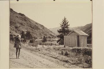 Margaret Marston studied the architecture at Homestead on the Snake River.  Snake River run  [photo reverse:  Homestead at entrance to Hell's Canyon, 1946]