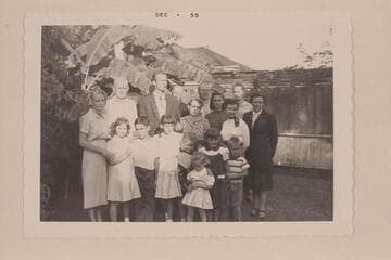 Eva Galloway family group--Mrs. Victor Nielson. Adults:LaBarge Nielson Tilford, 40-yr. old daughter of the Nielsons;Eva Nielson(60);Shirley, Thormin's wife (32);Louise, Douglas' wife (27);Mrs. Tilford(Bob's mother),54.Men:Victor Nielson (61); Roger(22)