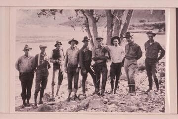 The 1921 USGS crew which surveyed Cataract Canyon under the direction of W. R. Chenoweth.  Green River, Utah.  Left to right:  Lint, Chenoweth, LaRue, Tasker, Ellsworth Kolb, Clogston, Emery Kolb, Paige, Rauch