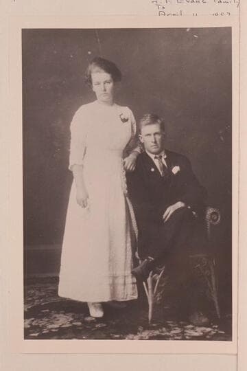 Myrtle and Joe Goodman. Joe was a son of Frank Valentine Goodman. She was Ed's oldest living sister, born on Nov. 24, 1896. "Will guess that Joe Goodman and Myrtle were married during the summer of 1914" (J. F. Evans family history)