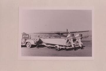 Carroll Lambeth and his catamaran.  Air strip at Green River