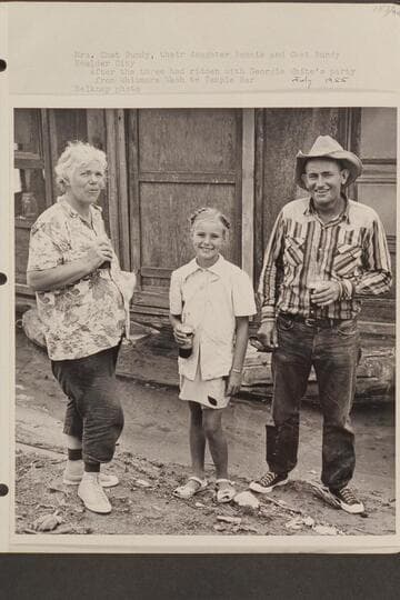Mrs. Chet Bundy, their daughter Bonnie and Chet Bundy; Boulder City- After the three had ridden with Georgie White's party from Whitmore Wash to Temple Bar