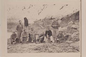 Crew of the Caltech party with Buzz Holmstrom in camp below and opposite Travertine Creek: Frank Dodge, Johnny Maxson, Ian Campbell, Merrill Spencer, Buzz Holmstrom, Eddie McKee, Bob Sharp and John Stark