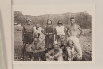 Party that cruised from Potash to the foot of Narrow Canyon, 1966, Sep. Fromt row: Kenny Moore, Darcy Brown, Maud Duke. Back row: Ruthie Brown, Walt Taylor, Kay Black, Shirley Taylor, Ty Dines