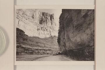 During the cruise from Potash to the lower end of Narrow Canyon.Caption on back reads, "Could this be the overhang on the left?(looking upstream at it)," referring to the overhang above the 1836 D. Julien inscription