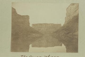 The Quiet Water above Soap Creek Rapid.  Which way does the canon turn?  Snap-shot from boat by R. B. Stanton, 1889.  Dupe presented by Anne Stanton Burchard, 1959, Jan