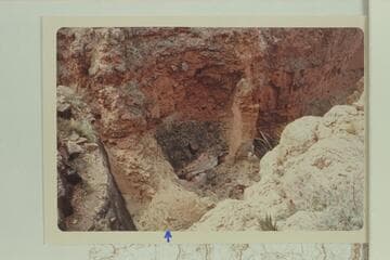 Royal Arch seen from above. Arrow points to landing point of helicopter, top of Arch