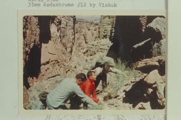 Helping Butchart out of Royal Arch Creek to the helicopter which had landed on top of Royal Arch