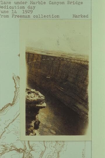 Plane under Marble Canyon Bridge. Dedication day. From Freeman collection. Marked USED Oct 1929