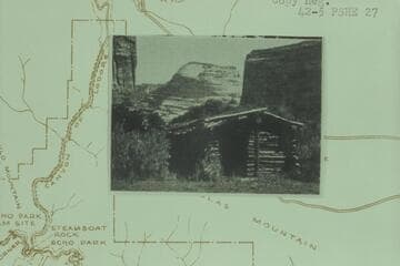 Pat Lynch's cabin in Pats Hole with Jenny Lind Rock in middle background