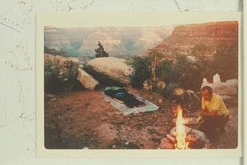 Ted in camp at head of Bass Canyon; Darwin Plateau. Ted is Ted Rado