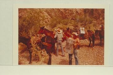 Fuel at Bright Angel Creek brought from the Rim by the Fred Harvey packers; Jack Bertram and Jay Goza