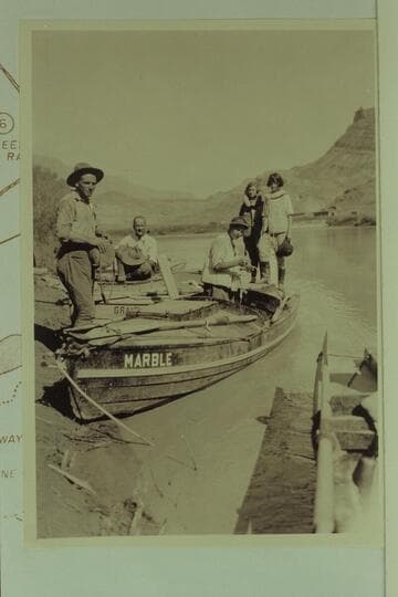 Prior to 1923 USGS cruise at Lees Ferry. Burchard; Moore; Kolb; Catherine Paul; Edith Kolb. Print from Freeman collection
