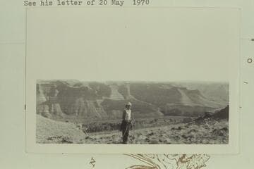 Fern Davis at the rim of Desolation Canyon where some old stone wall suggested an indian lookout; near Mile 62