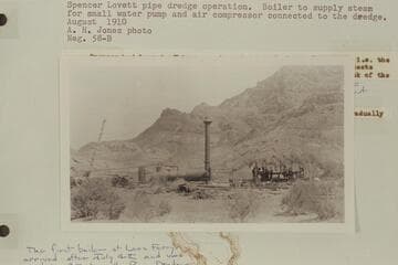 Spencer Lovett pipe dredge operation. Boiler to supply steam for small water pump and air compressor connected to the dredge