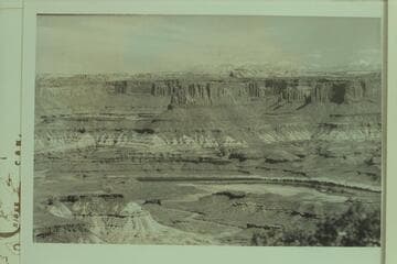 Potato Bottom and Steer Mesa with the LaSal Mountains in the distance. The butte at center is elevation 5338