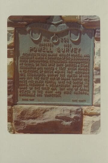 Plaque on the monument in Kanab marking the north end of Powell's baseline using information from Dellenbaugh that Powell gave the Grand Canyon its name. Dellenbaugh was rewarded for his error by the incorrect spelling of his name