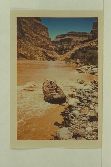 No. 2 pontoon in the head of Vulcan Rapid. The lining continues down into the rough water at the head of Vulcan Rapid with the crew ashore struggling to hold some position