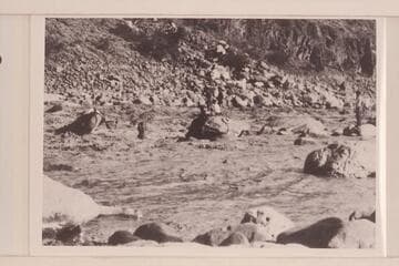 The "Powell" fouled in the rocks at Dubendorff Rapid. The boat was being lined and got across two boulders