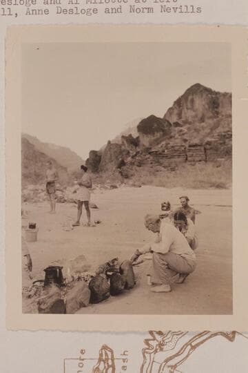 Breakfast prepared by Randall Henderson- mouth of Whitmore Wash. Joe Desloge and Al Milotte at left, Randall, Anne Desloge and Norm Nevills