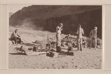 Breakfast at camp at Mile 192. Chet Bundy, Ballard Atherton, Josh Eisaman, Hugh Cutler almost hides Rod Sanderson, and Joe Desloge hides Chuck Richey
