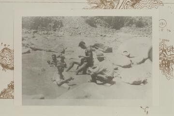 Lunch during the salvage operations at Dubendorff Rapid. Right to left: Galloway, Adger, Jaeger, Carey, and Seager, who holds a cup