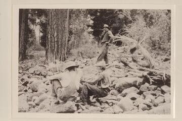 Amos Hill, the hermit of Red Canyon. Bert Loper at left. Kelly Trimble of the USGS, above